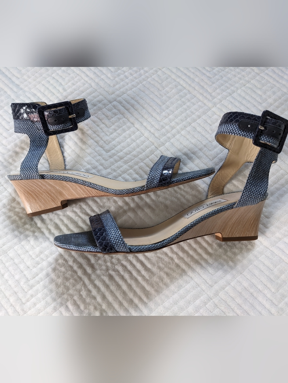 Jimmy Choo Mansy Blue Denim Leather Wedge Sandals Ankle Buckle 39.5, 8.5 - 9 US